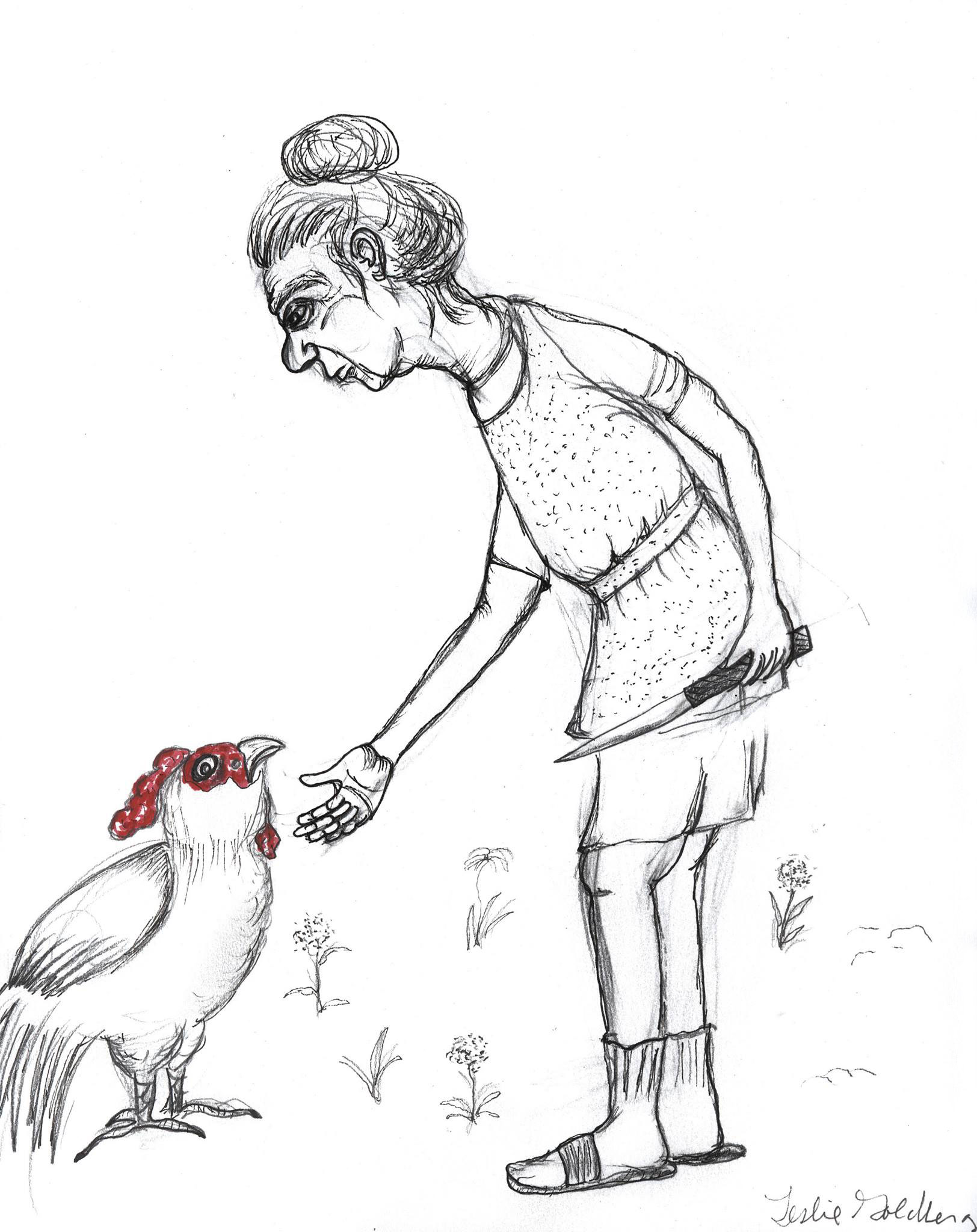 Drawing of woman with knife approaching a chicken, by Leslie Goldberg