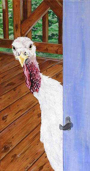 Painting of Katie the turkey peeking inside the door