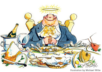 Drawing of man at dinner table with plates of empty bones