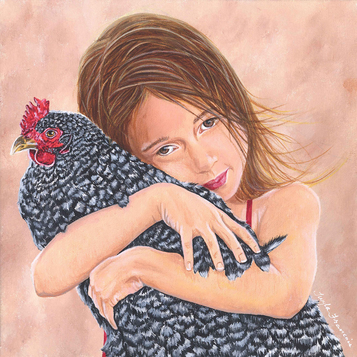 Painting of young girl cuddling a chicken
