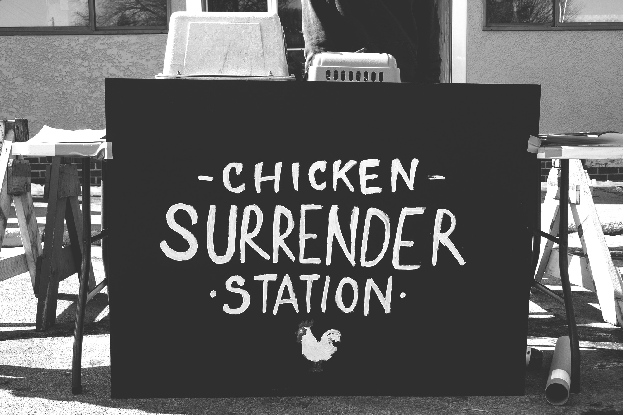 Table with sign: Chicken Surrender Station.